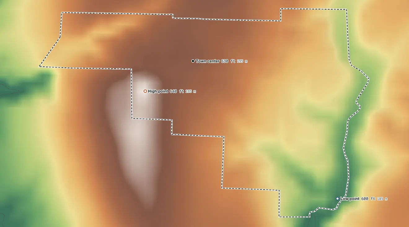 Topographic elevation map of Cory, Indiana, shaded from 600 ft on the southeast side to 640 ft on the southwest side