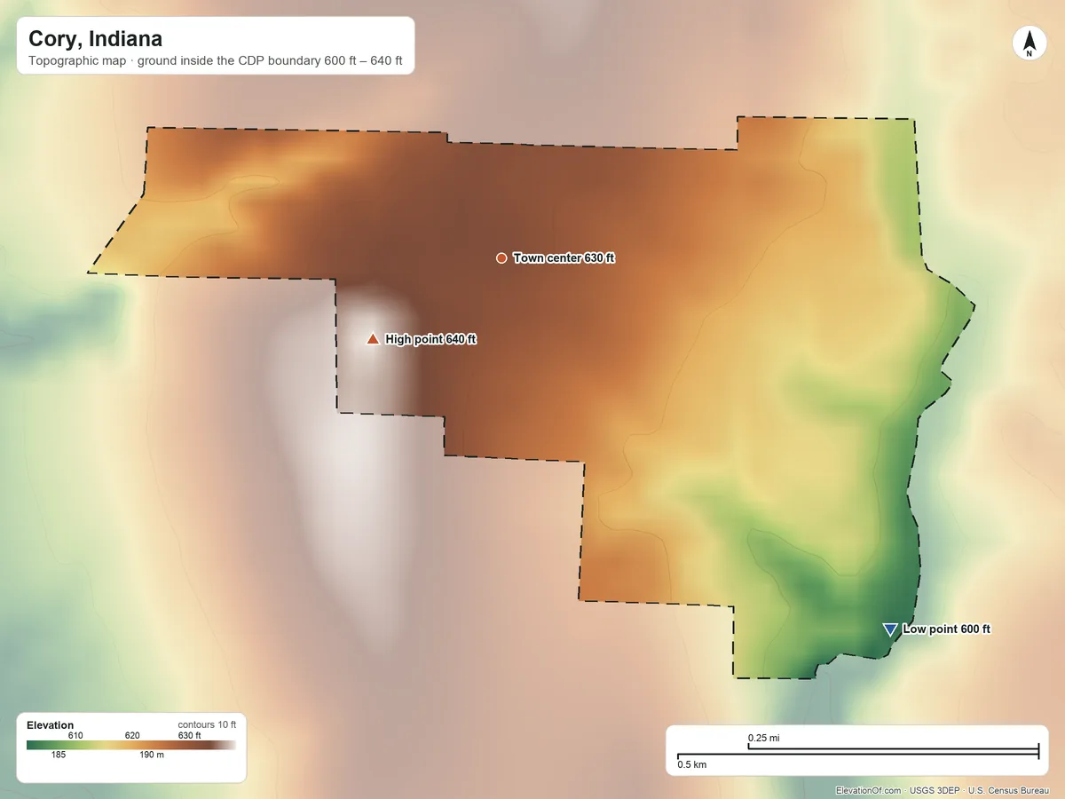 Topographic elevation map of Cory, Indiana, shaded from 600 ft on the southeast side to 640 ft on the southwest side