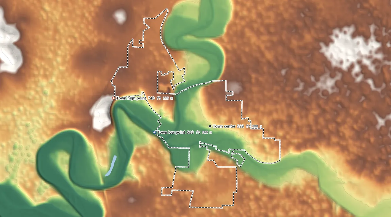 Topographic elevation map of Corydon, Indiana, shaded from 530 ft on the west side to 740 ft on the west edge, below higher ground just outside