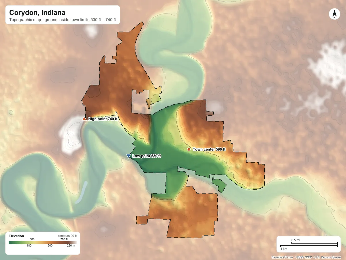 Topographic elevation map of Corydon, Indiana, shaded from 530 ft on the west side to 740 ft on the west edge, below higher ground just outside