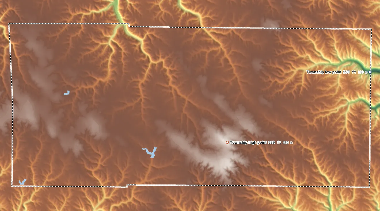 Topographic elevation map of Cotton Township, Indiana, shaded from 590 ft on the east side to 930 ft near the middle