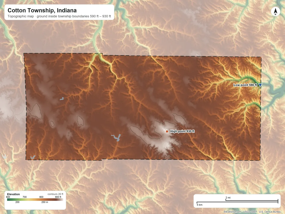 Topographic elevation map of Cotton Township, Indiana, shaded from 590 ft on the east side to 930 ft near the middle