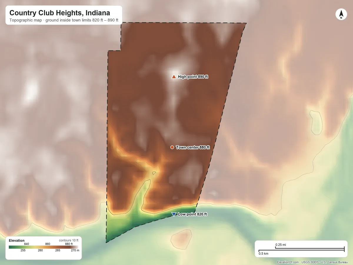 Topographic elevation map of Country Club Heights, Indiana, shaded from 820 ft on the south side to 890 ft on the north side
