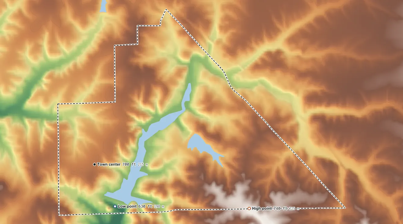 Topographic elevation map of Country Squire Lakes, Indiana, shaded from 630 ft on the southeast side to 740 ft on the east side