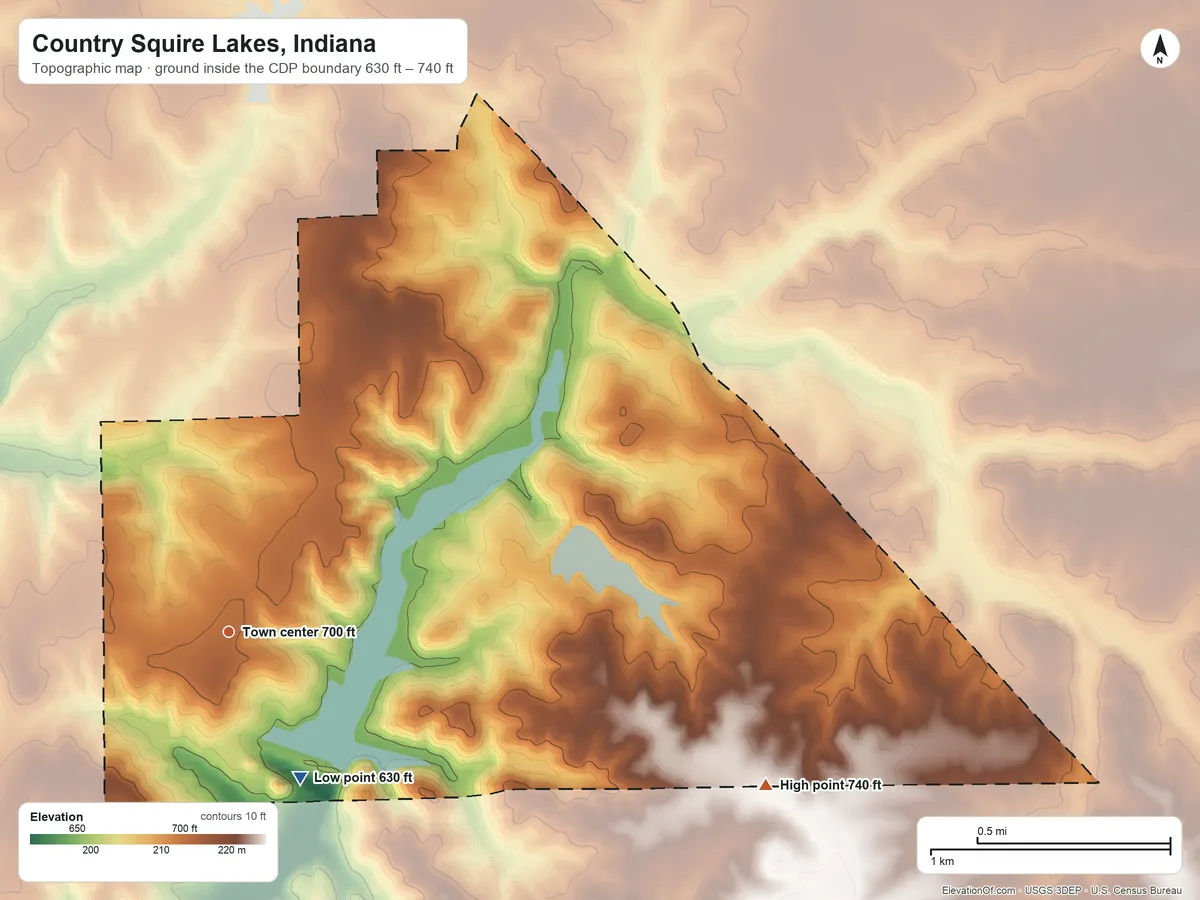 Topographic elevation map of Country Squire Lakes, Indiana, shaded from 630 ft on the southeast side to 740 ft on the east side