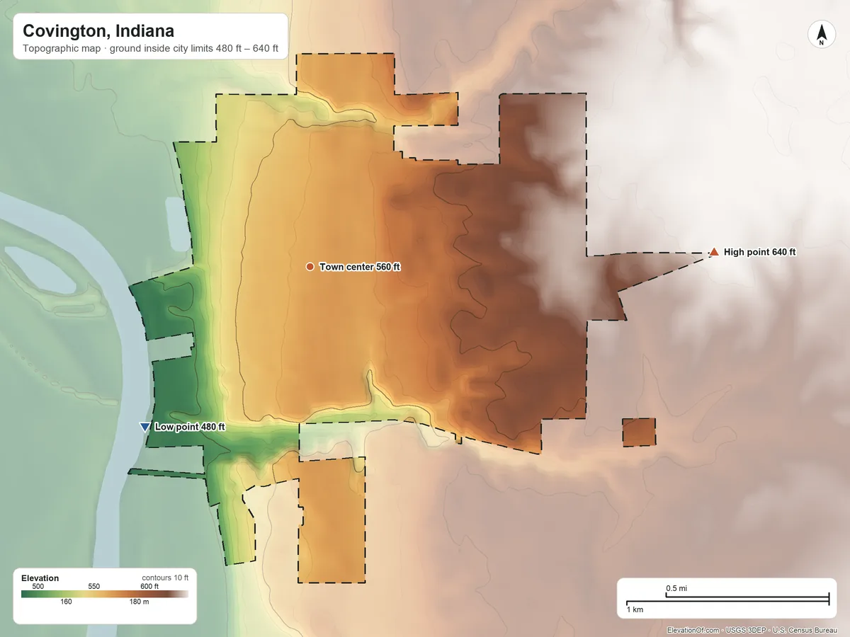 Topographic elevation map of Covington, Indiana, shaded from 480 ft on the southwest side to 640 ft on the east side