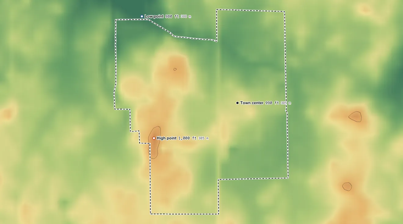 Topographic elevation map of Cowan, Indiana, shaded from 980 ft on the northwest side to 1,000 ft on the southwest side