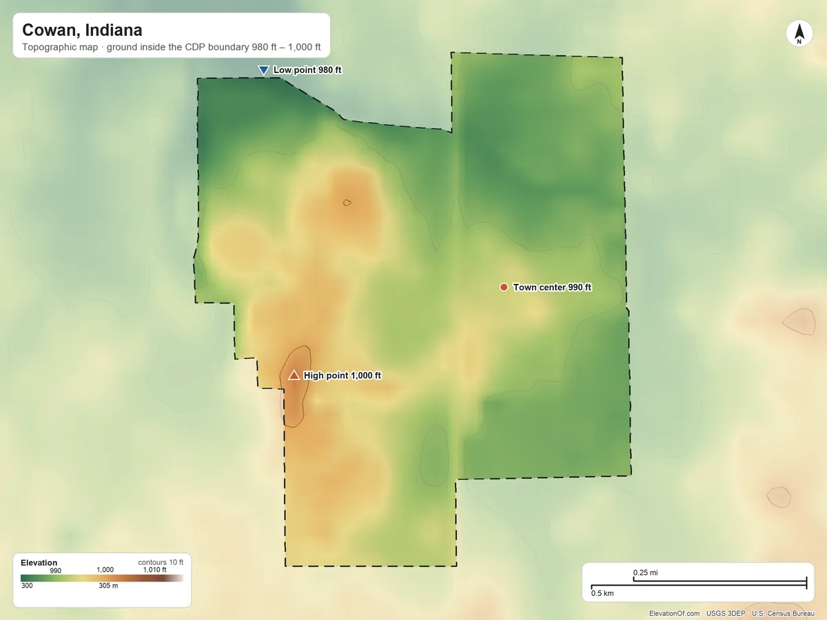 Topographic elevation map of Cowan, Indiana, shaded from 980 ft on the northwest side to 1,000 ft on the southwest side