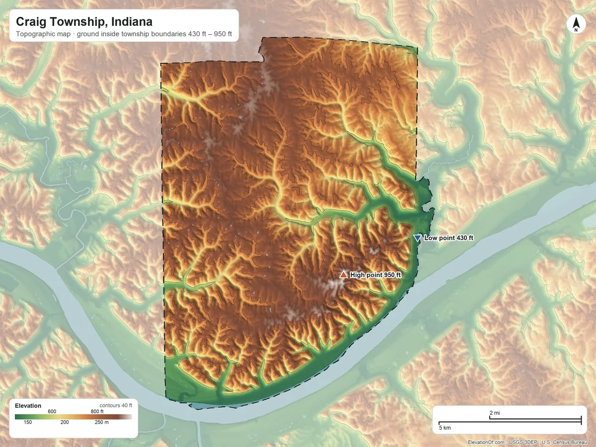 Topographic elevation map of Craig Township, Indiana, shaded from 430 ft on the east side to 950 ft on the southeast side