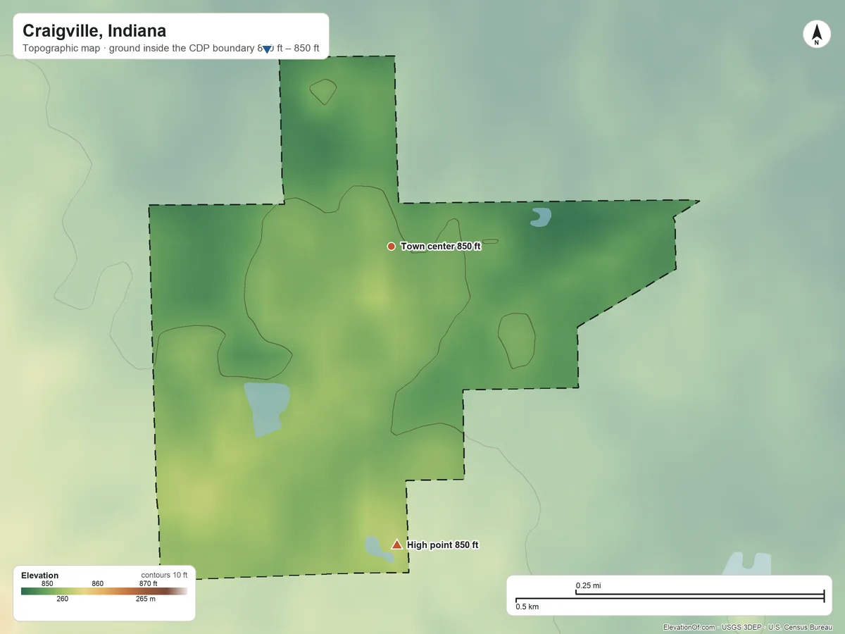 Topographic elevation map of Craigville, Indiana, shaded from 840 ft on the northwest side to 850 ft on the south side