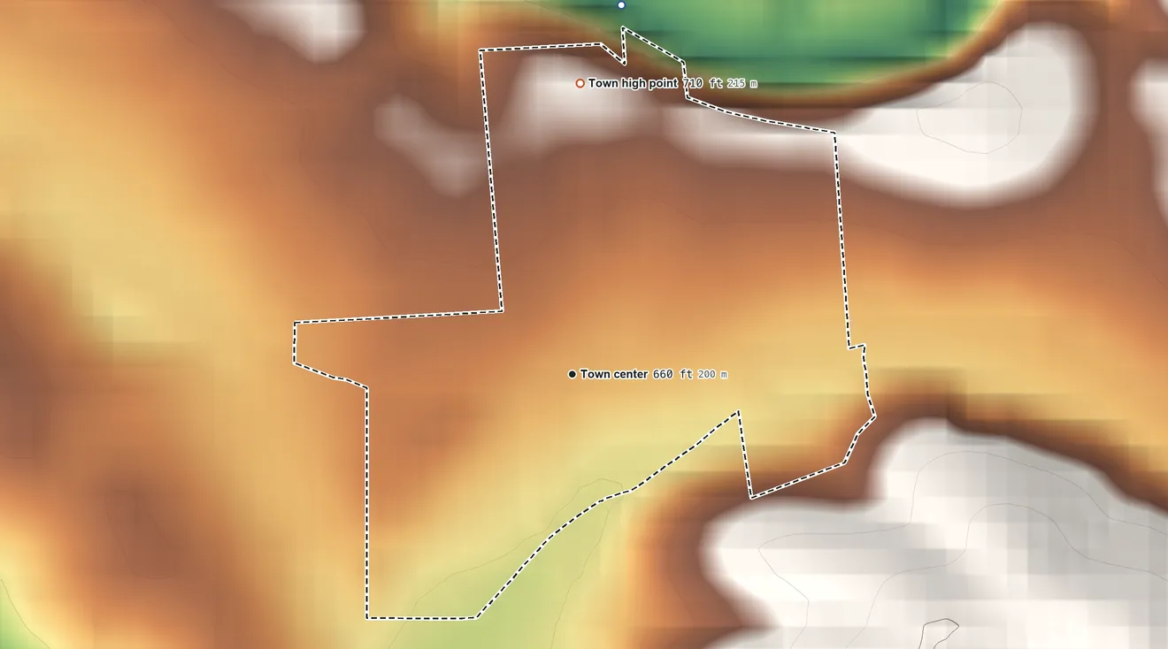 Topographic elevation map of Crandall, Indiana, shaded from 600 ft on the north side to 710 ft on the north side
