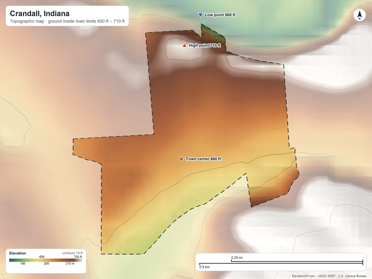Topographic elevation map of Crandall, Indiana, shaded from 600 ft on the north side to 710 ft on the north side