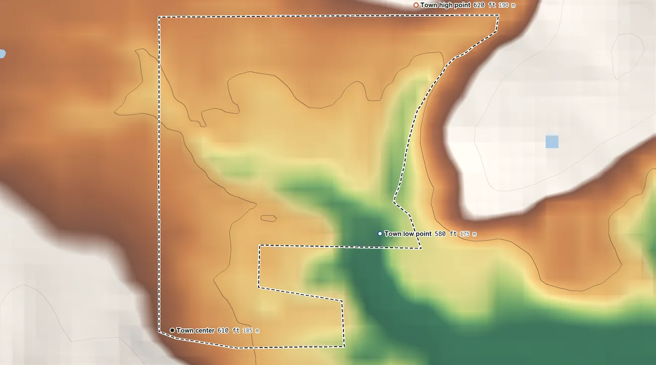 Topographic elevation map of Crane, Indiana, shaded from 580 ft on the northeast side to 620 ft on the northeast side