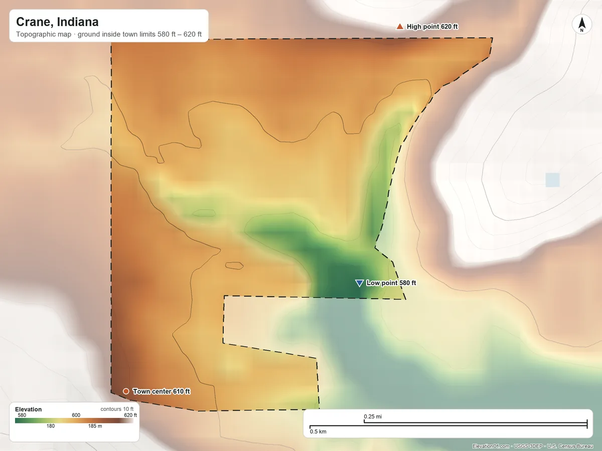 Topographic elevation map of Crane, Indiana, shaded from 580 ft on the northeast side to 620 ft on the northeast side