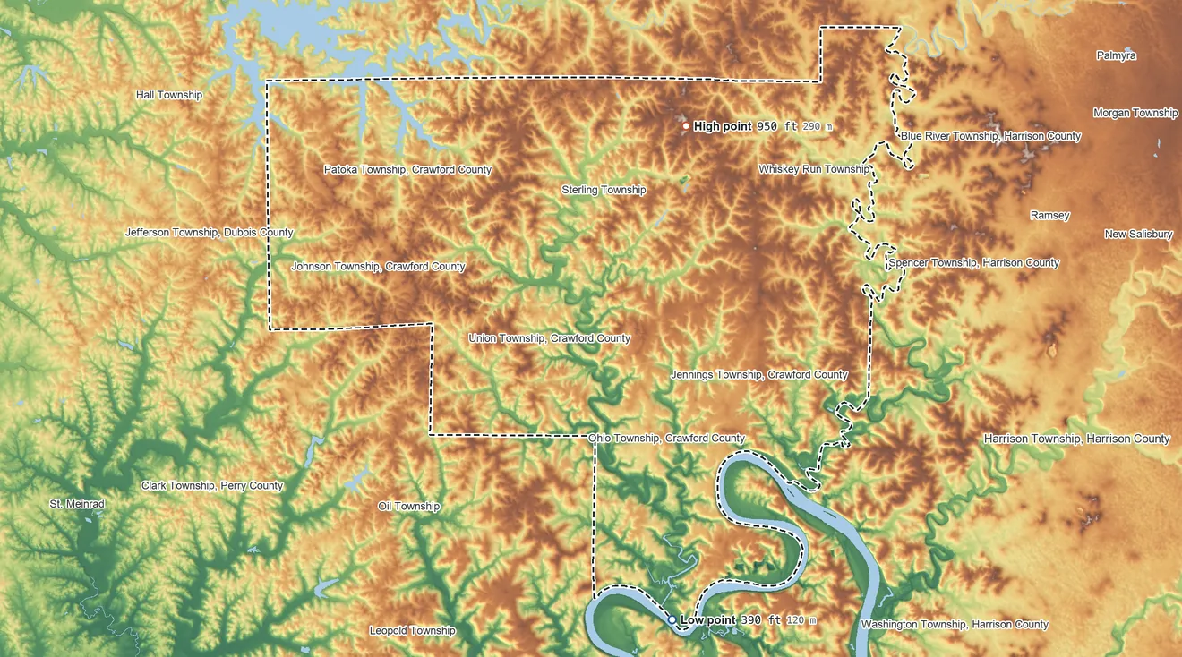 Topographic elevation map of Crawford County, Indiana, shaded from 390 ft on the south side to 950 ft on the northeast side