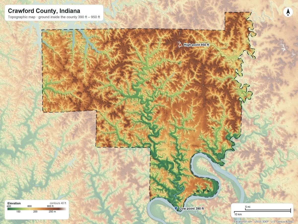 Topographic elevation map of Crawford County, Indiana, shaded from 390 ft on the south side to 950 ft on the northeast side