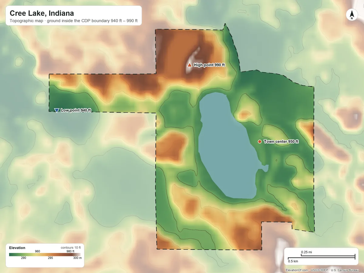 Topographic elevation map of Cree Lake, Indiana, shaded from 940 ft on the west side to 990 ft on the northwest side