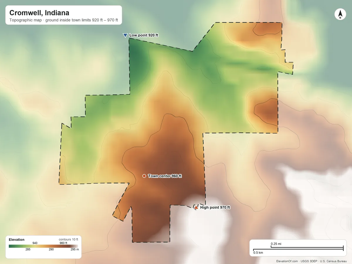 Topographic elevation map of Cromwell, Indiana, shaded from 920 ft on the north side to 970 ft on the southeast side