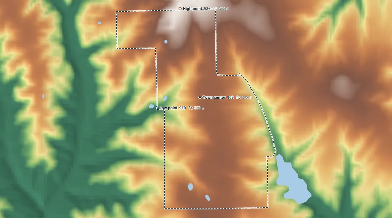 Topographic elevation map of Cross Plains, Indiana, shaded from 910 ft on the west side to 980 ft on the north side