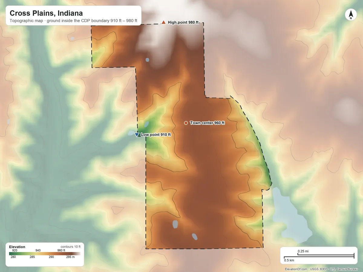Topographic elevation map of Cross Plains, Indiana, shaded from 910 ft on the west side to 980 ft on the north side