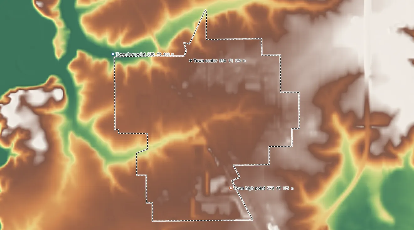 Topographic elevation map of Crothersville, Indiana, shaded from 530 ft on the west side to 570 ft on the south side