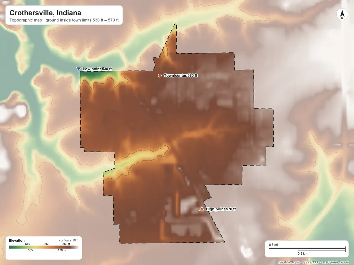 Topographic elevation map of Crothersville, Indiana, shaded from 530 ft on the west side to 570 ft on the south side