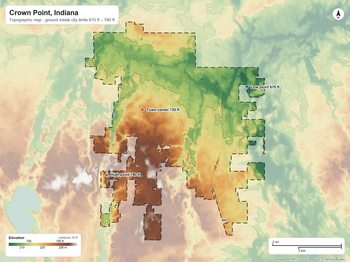 Topographic elevation map of Crown Point, Indiana, shaded from 670 ft on the east side to 780 ft on the southwest side