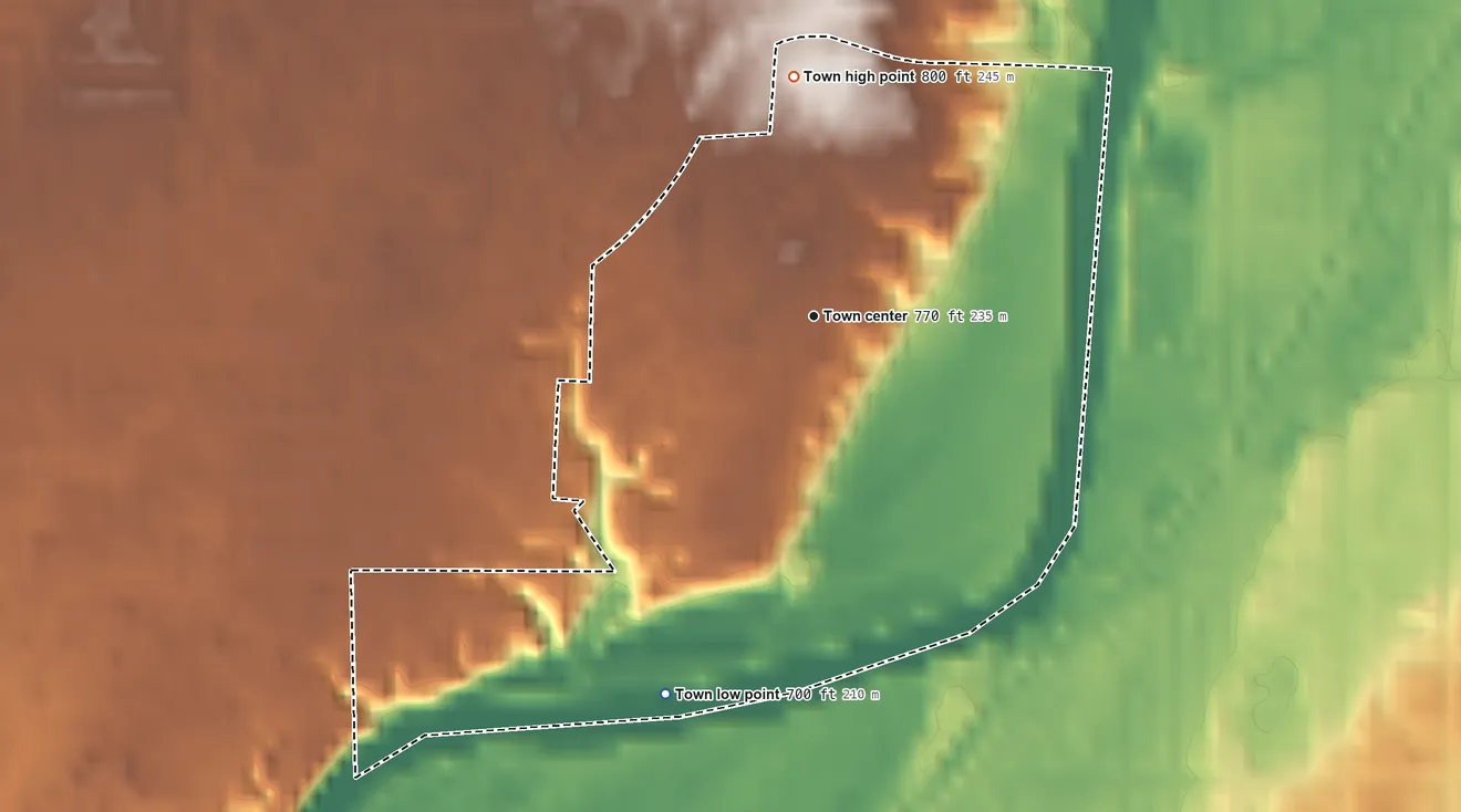 Topographic elevation map of Crows Nest, Indiana, shaded from 700 ft on the south side to 800 ft on the north side