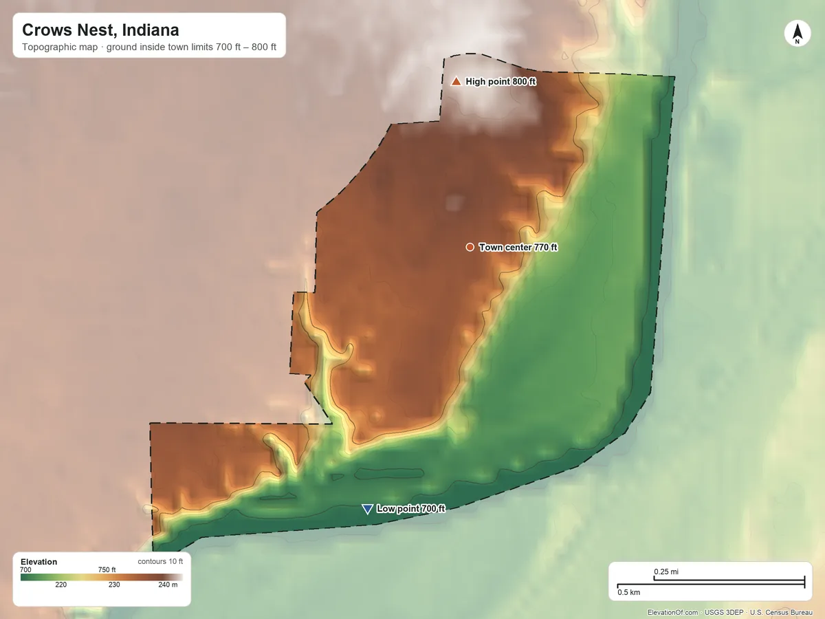 Topographic elevation map of Crows Nest, Indiana, shaded from 700 ft on the south side to 800 ft on the north side