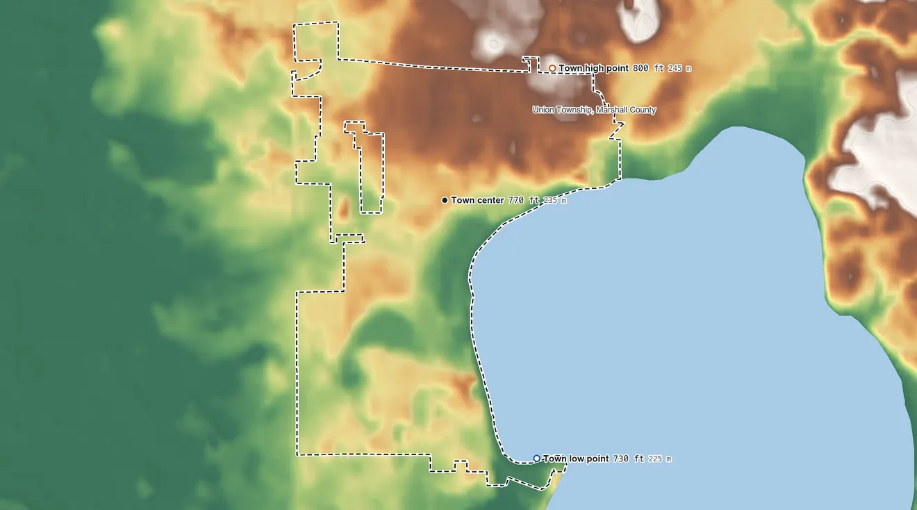 Topographic elevation map of Culver, Indiana, shaded from 730 ft on the south side to 800 ft on the northeast side