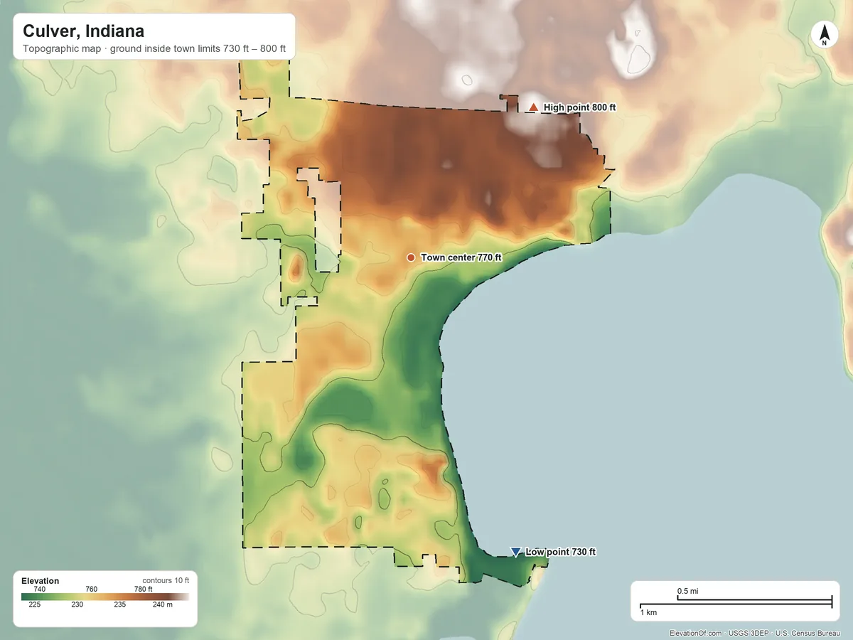 Topographic elevation map of Culver, Indiana, shaded from 730 ft on the south side to 800 ft on the northeast side
