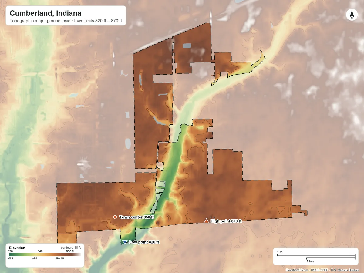 Topographic elevation map of Cumberland, Indiana, shaded from 820 ft near the middle to 870 ft on the east side