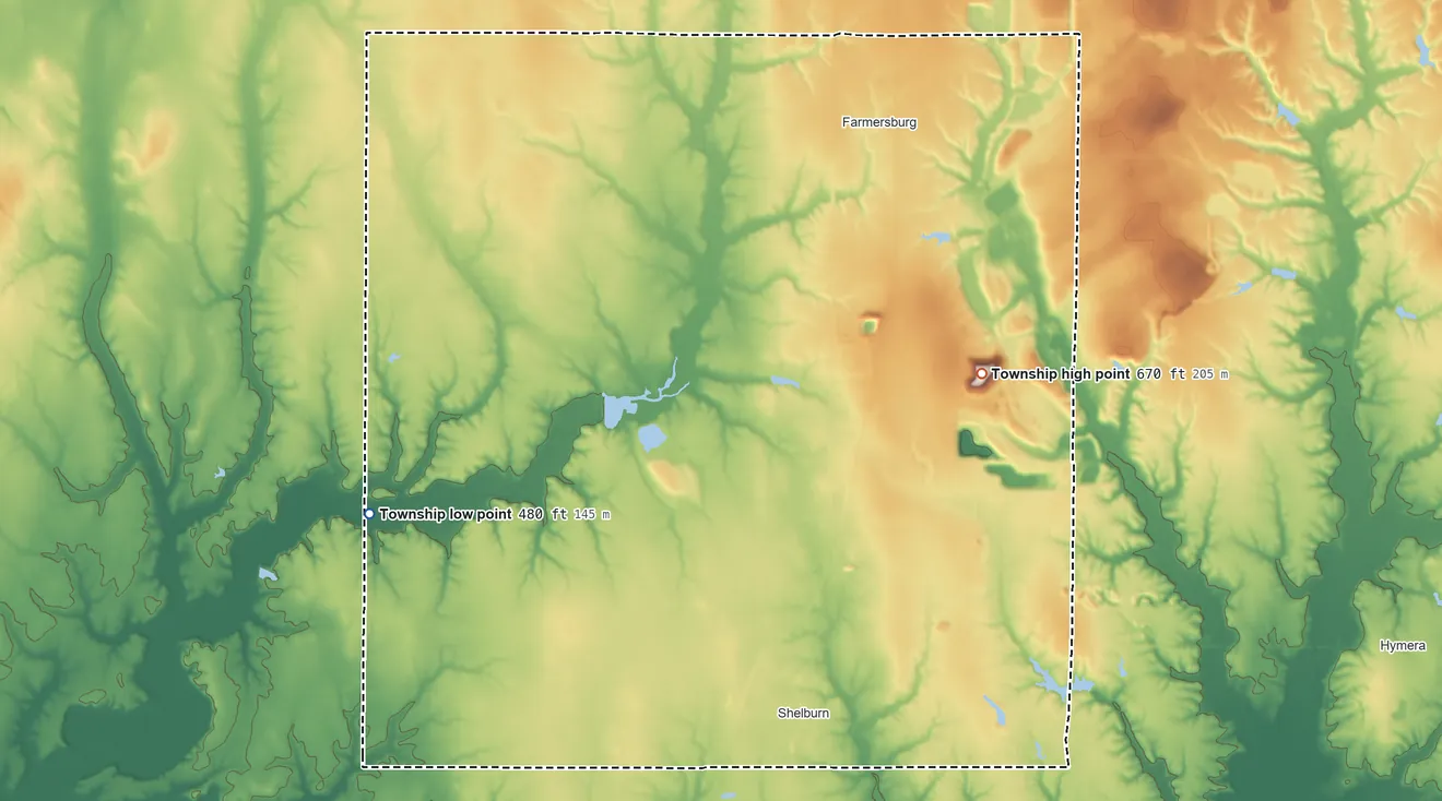 Topographic elevation map of Curry Township, Indiana, shaded from 480 ft on the west side to 670 ft on the east side
