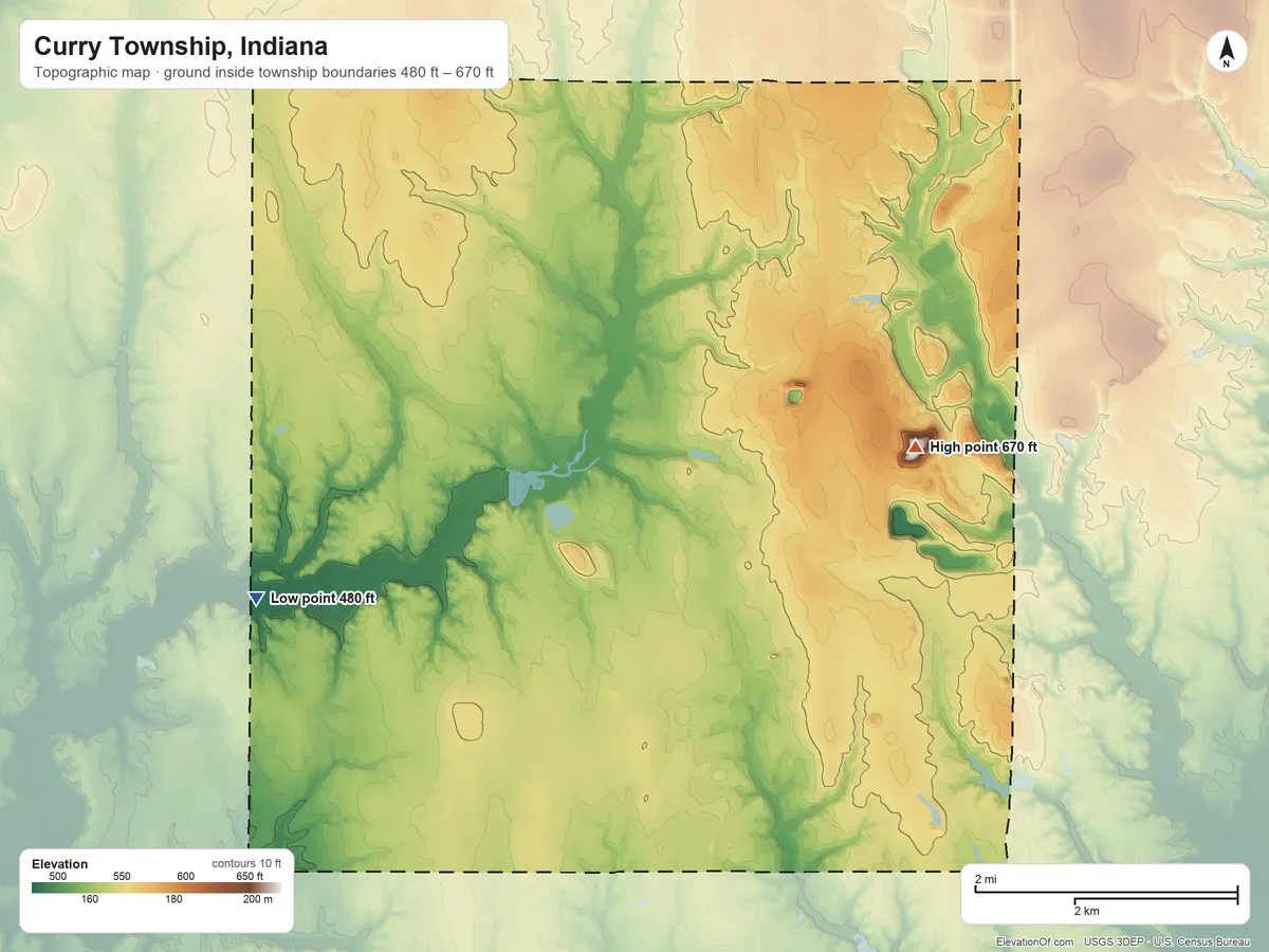 Topographic elevation map of Curry Township, Indiana, shaded from 480 ft on the west side to 670 ft on the east side