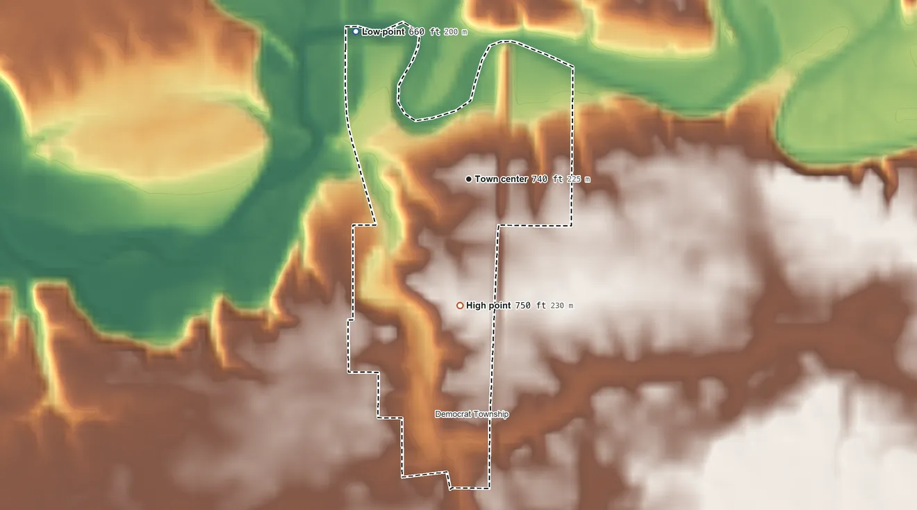 Topographic elevation map of Cutler, Indiana, shaded from 660 ft on the northwest side to 750 ft on the south side