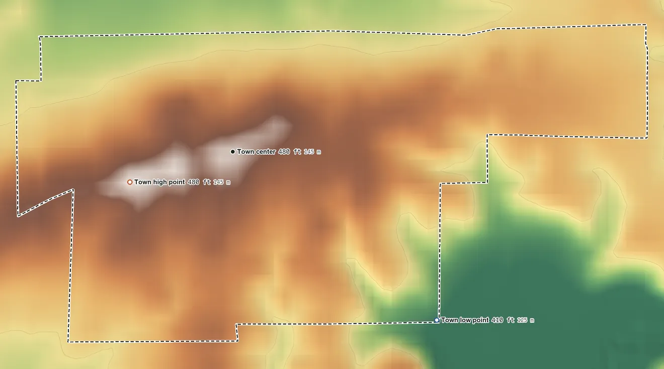 Topographic elevation map of Cynthiana, Indiana, shaded from 410 ft on the southeast side to 480 ft on the west side