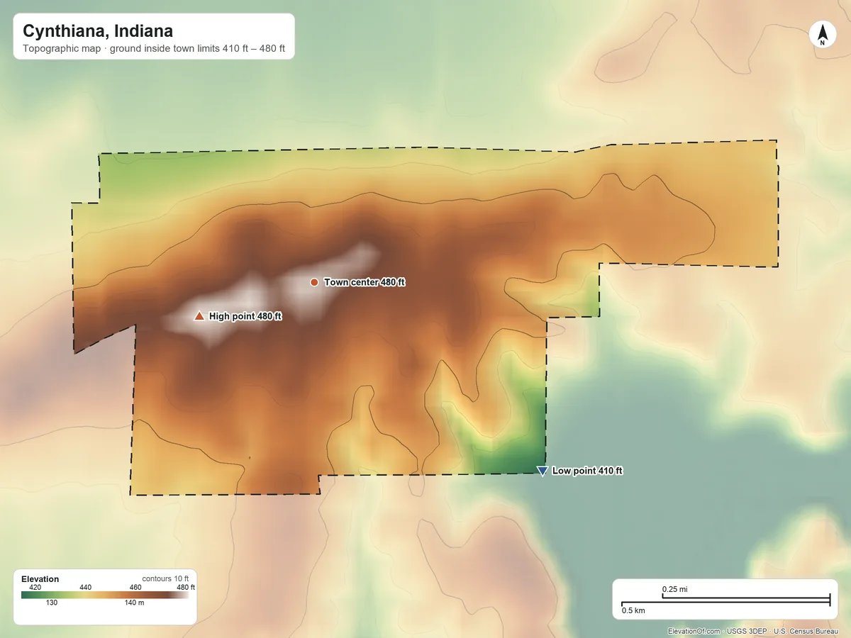 Topographic elevation map of Cynthiana, Indiana, shaded from 410 ft on the southeast side to 480 ft on the west side