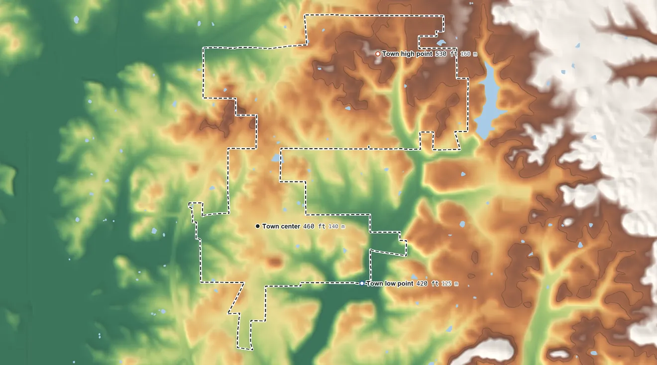 Topographic elevation map of Dale, Indiana, shaded from 420 ft on the southeast side to 530 ft on the northeast side