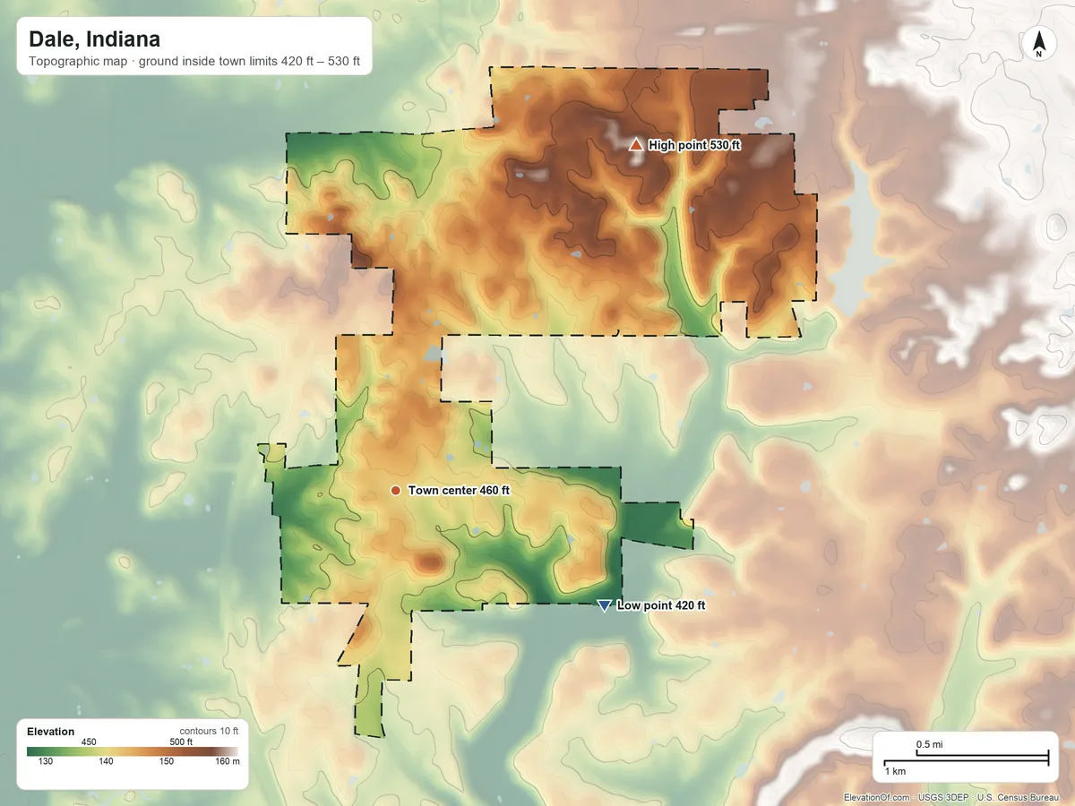 Topographic elevation map of Dale, Indiana, shaded from 420 ft on the southeast side to 530 ft on the northeast side