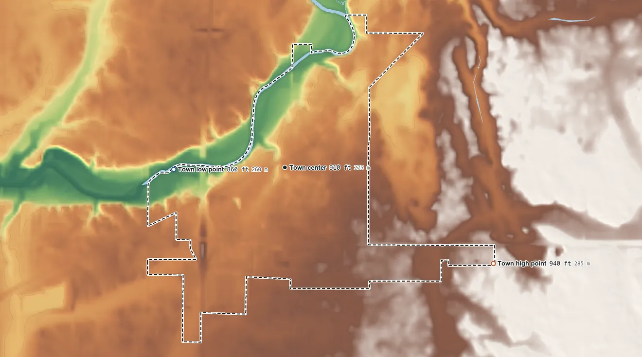 Topographic elevation map of Daleville, Indiana, shaded from 860 ft on the west side to 940 ft on the southeast side