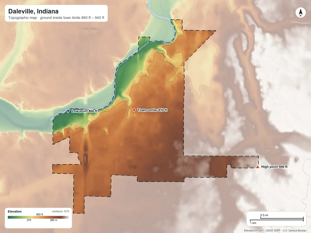 Topographic elevation map of Daleville, Indiana, shaded from 860 ft on the west side to 940 ft on the southeast side