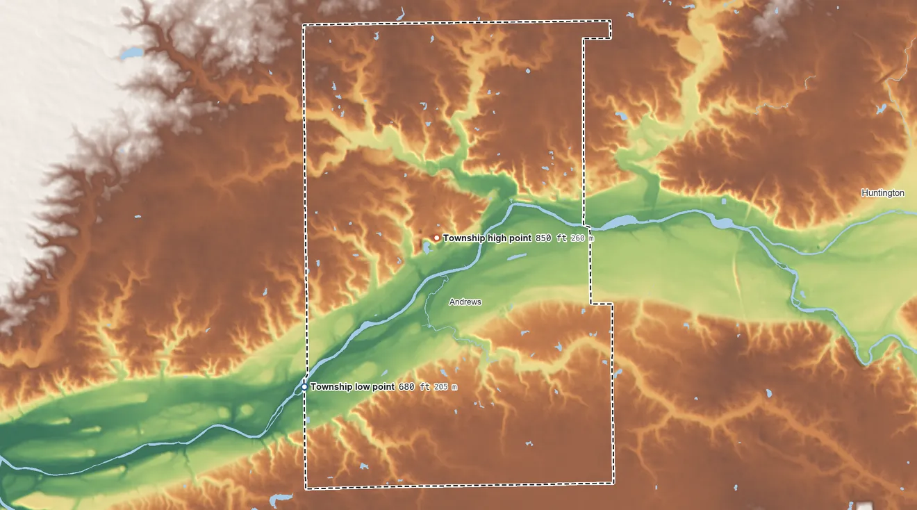 Topographic elevation map of Dallas Township, Indiana, shaded from 680 ft on the southwest side to 850 ft near the middle