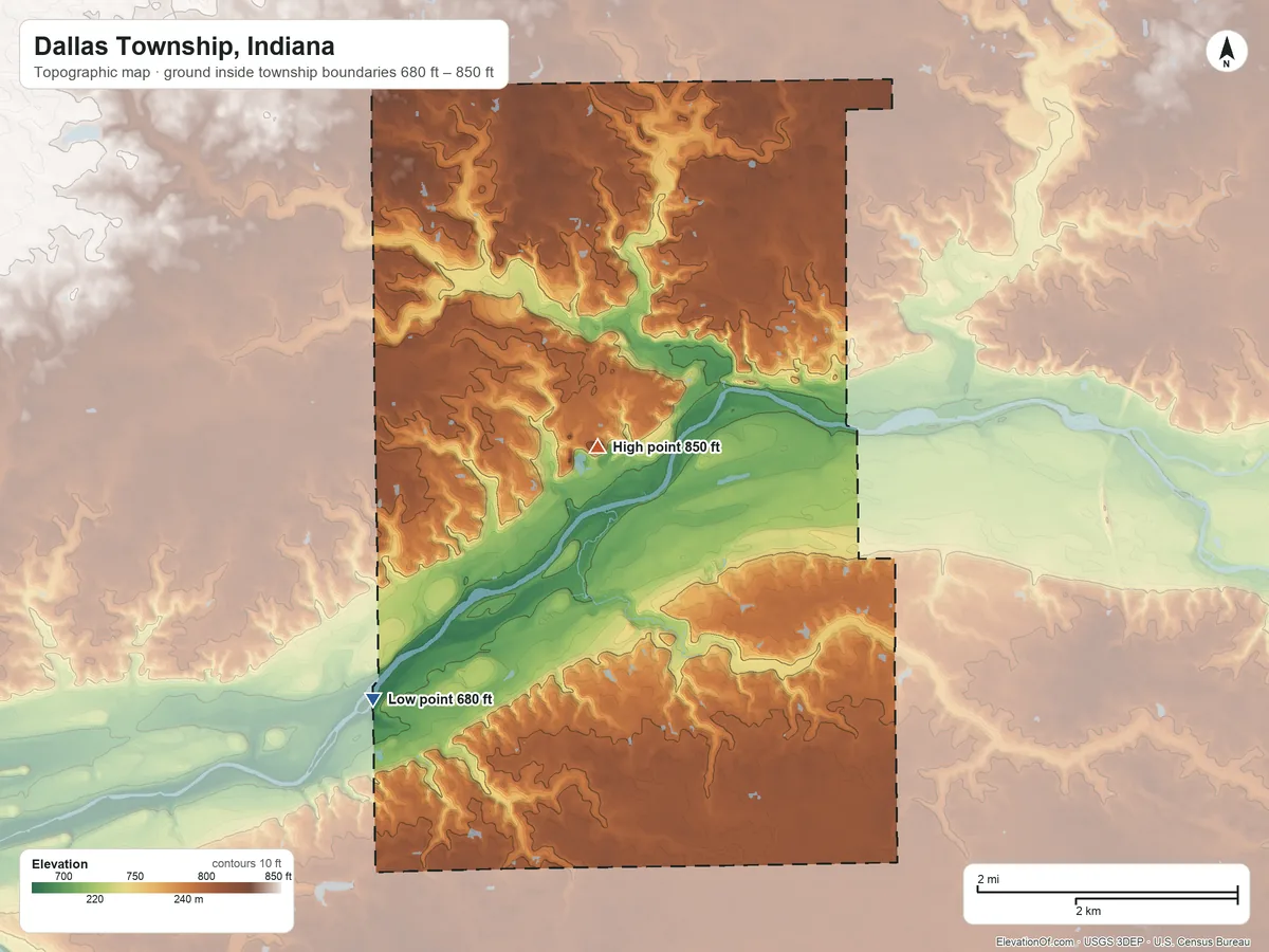 Topographic elevation map of Dallas Township, Indiana, shaded from 680 ft on the southwest side to 850 ft near the middle