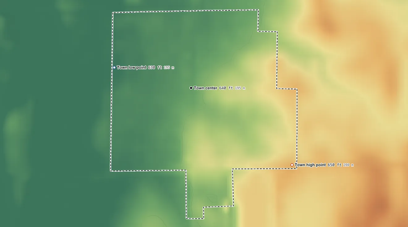 Topographic elevation map of Dana, Indiana, shaded from 630 ft on the west side to 650 ft on the southeast side