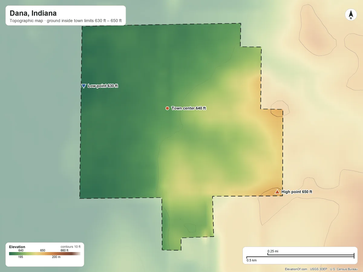 Topographic elevation map of Dana, Indiana, shaded from 630 ft on the west side to 650 ft on the southeast side