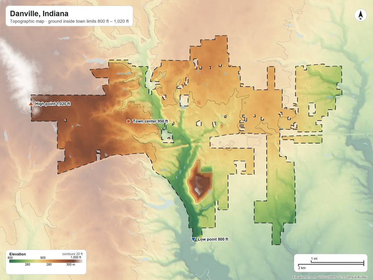 Topographic elevation map of Danville, Indiana, shaded from 800 ft on the southeast side to 1,020 ft on the west side