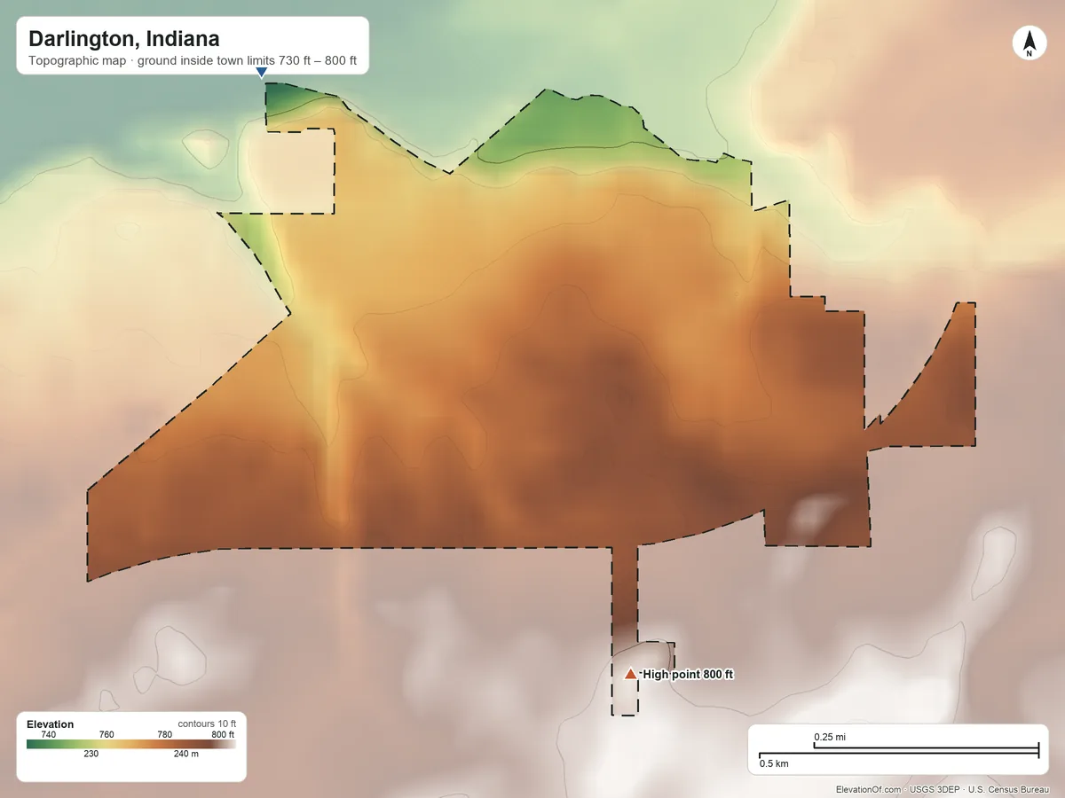 Topographic elevation map of Darlington, Indiana, shaded from 730 ft on the northwest side to 800 ft on the south side