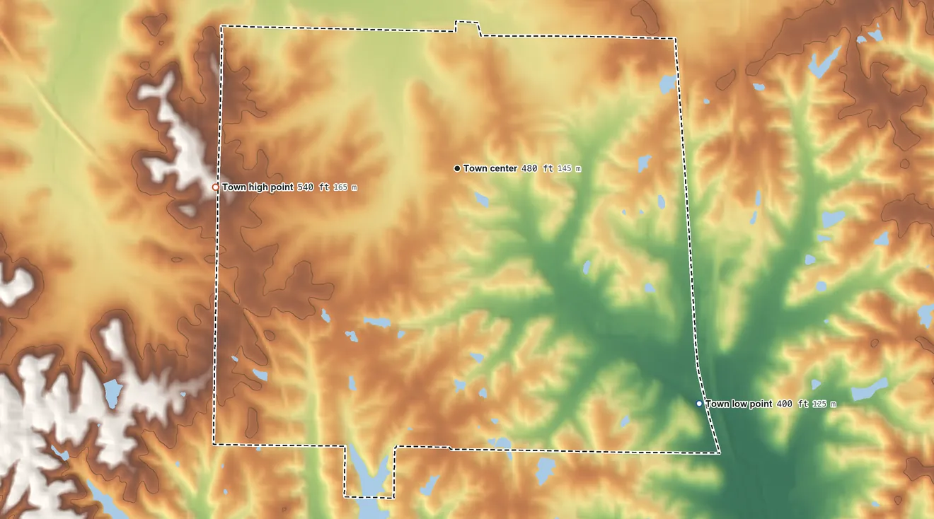 Topographic elevation map of Darmstadt, Indiana, shaded from 400 ft on the southeast side to 540 ft on the west side