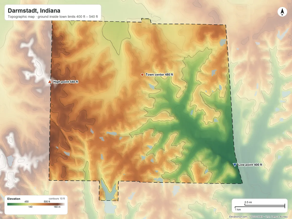 Topographic elevation map of Darmstadt, Indiana, shaded from 400 ft on the southeast side to 540 ft on the west side