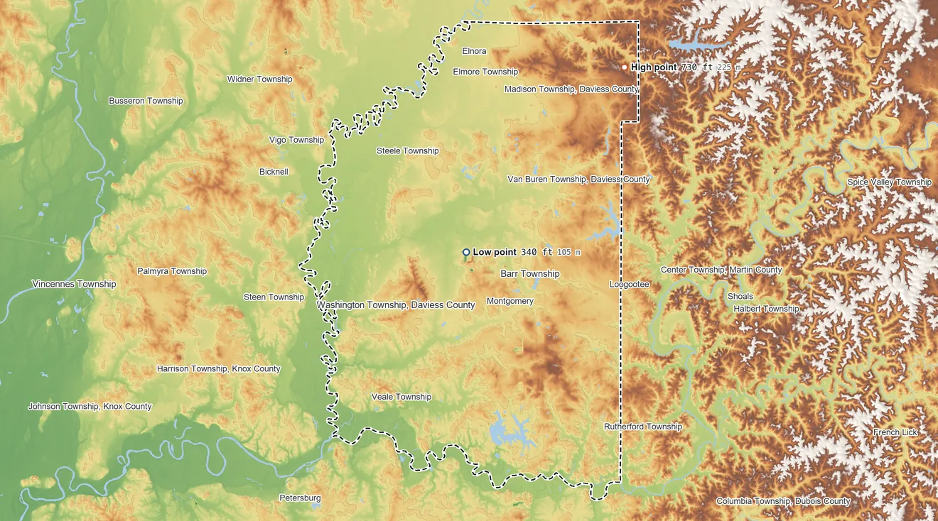 Topographic elevation map of Daviess County, Indiana, shaded from 340 ft near the middle to 730 ft on the northeast side